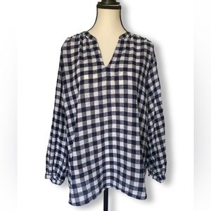 Old Navy Blue gingham long sleeve daisy top cotton linen Buffalo plaid v-neck